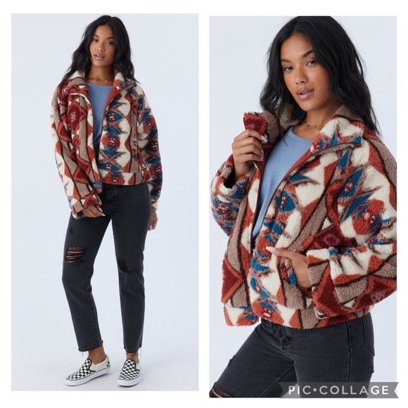 O’Neil Sherpa Teddy Aztec Geo Print Mock Neck Cream Multi Cropped Jacket Size L - Picture 2 of 12